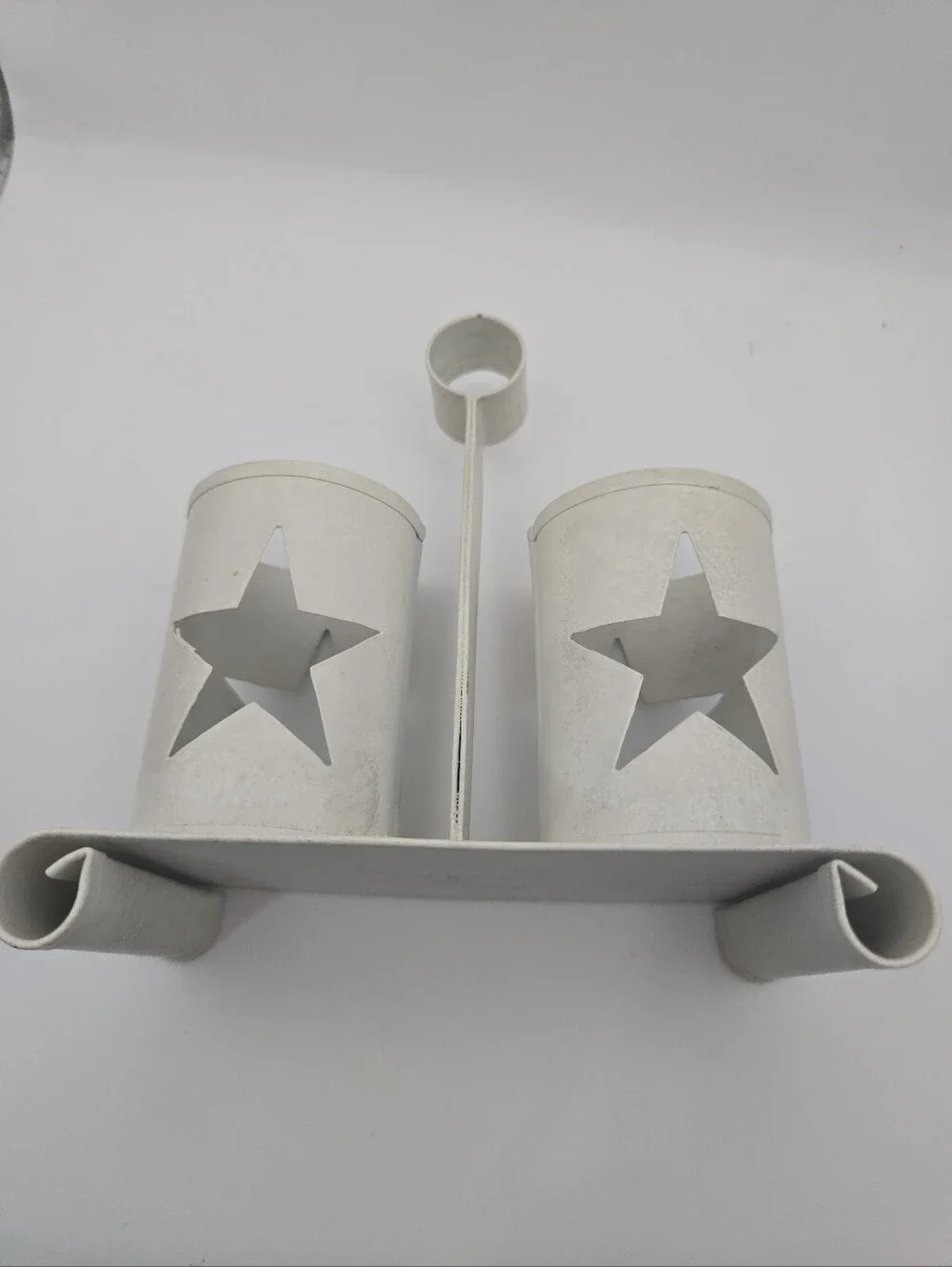 Rustic White Metal Double Tealight Candle Holder w/ Star Cutouts Farmhouse Decor